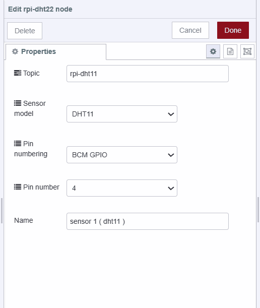 Screenshot displaying the rpi-dht22 node's configuration for reading data from dht 11 sensor "Screenshot displaying the rpi-dht22 node's configuration for reading data from dht 11 sensor"